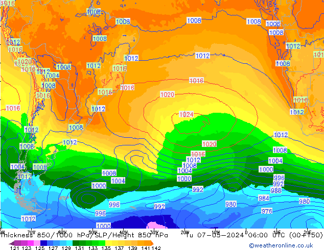 Thck 850-1000 hPa ECMWF Tu 07.05.2024 06 UTC