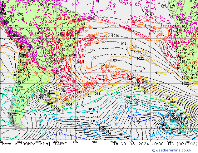 Theta-e 700hPa ECMWF czw. 09.05.2024 00 UTC