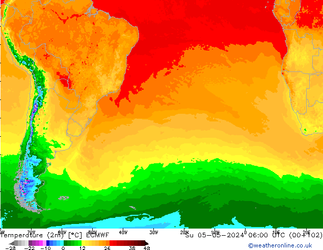 mapa temperatury (2m) ECMWF nie. 05.05.2024 06 UTC