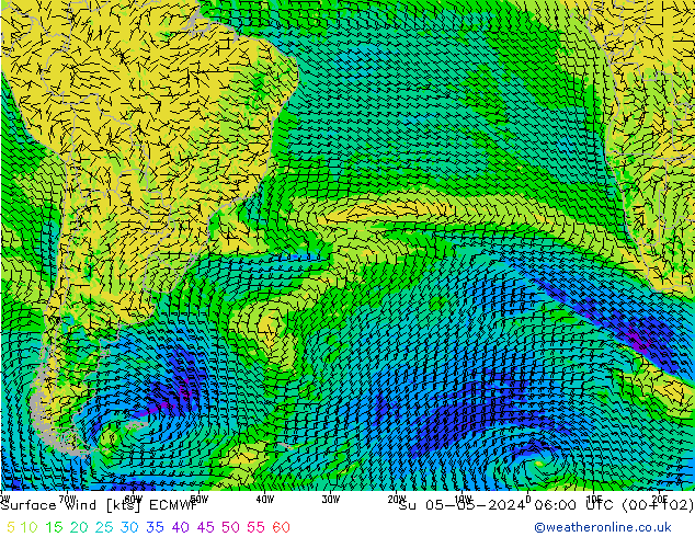 wiatr 10 m ECMWF nie. 05.05.2024 06 UTC