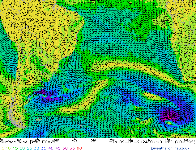 Vento 10 m ECMWF Qui 09.05.2024 00 UTC