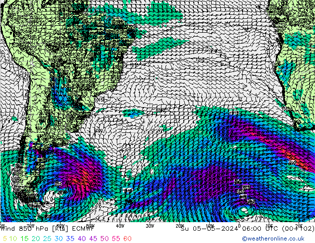 wiatr 850 hPa ECMWF nie. 05.05.2024 06 UTC