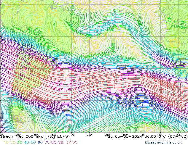 Linia prądu 200 hPa ECMWF nie. 05.05.2024 06 UTC