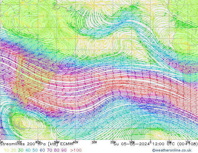 Linia prądu 200 hPa ECMWF nie. 05.05.2024 12 UTC