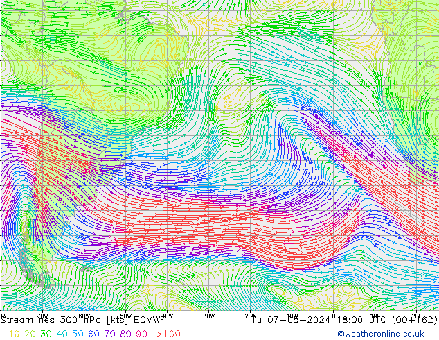 Streamlines 300 hPa ECMWF Tu 07.05.2024 18 UTC