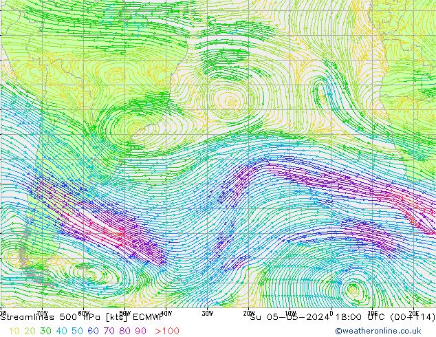 Streamlines 500 hPa ECMWF Su 05.05.2024 18 UTC