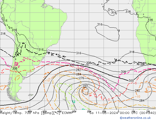 Height/Temp. 700 hPa ECMWF Sa 11.05.2024 00 UTC