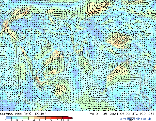 Surface wind (bft) ECMWF We 01.05.2024 06 UTC