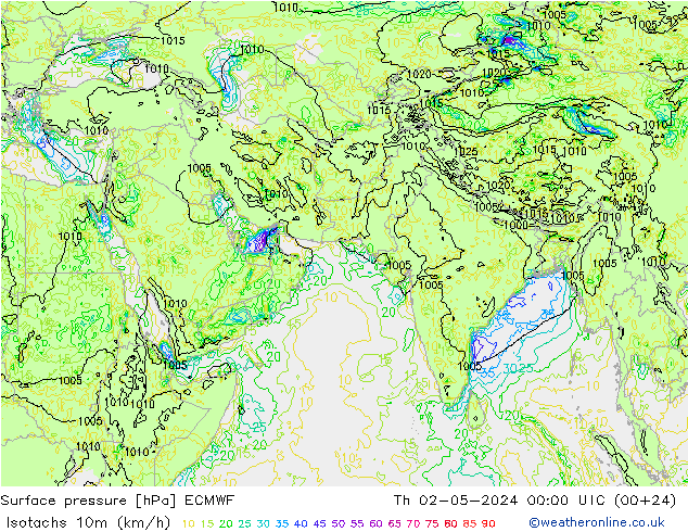 Isotachs (kph) ECMWF Th 02.05.2024 00 UTC