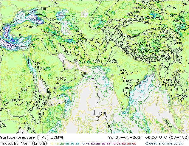 Izotacha (km/godz) ECMWF nie. 05.05.2024 06 UTC