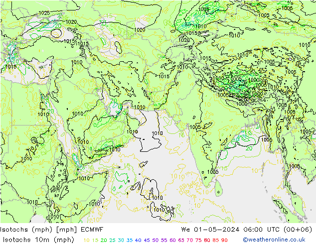 Isotachs (mph) ECMWF We 01.05.2024 06 UTC