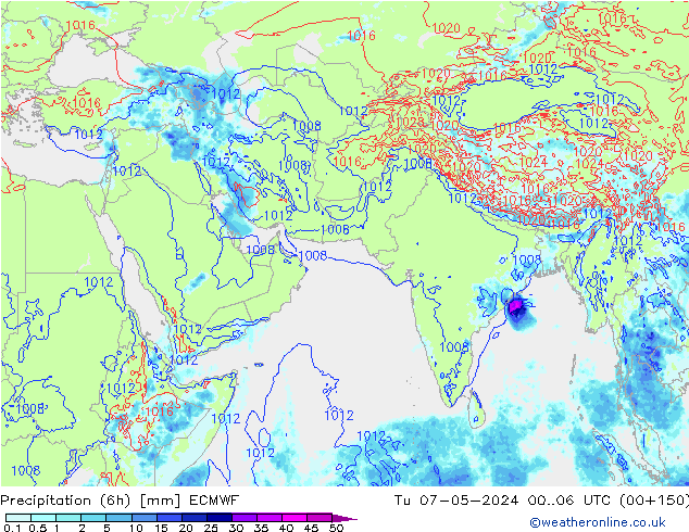 Precipitation (6h) ECMWF Út 07.05.2024 06 UTC