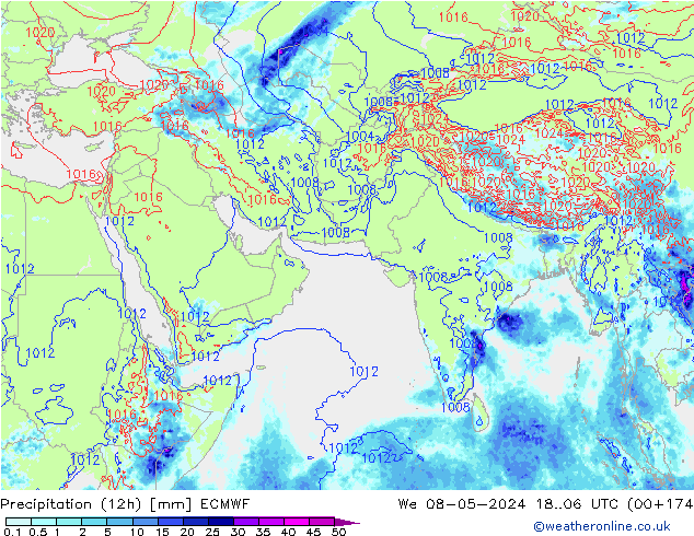 Totale neerslag (12h) ECMWF wo 08.05.2024 06 UTC