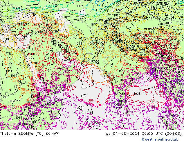 Theta-e 850hPa ECMWF We 01.05.2024 06 UTC