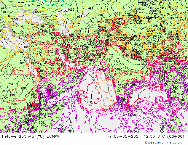 Theta-e 850hPa ECMWF Fr 03.05.2024 12 UTC