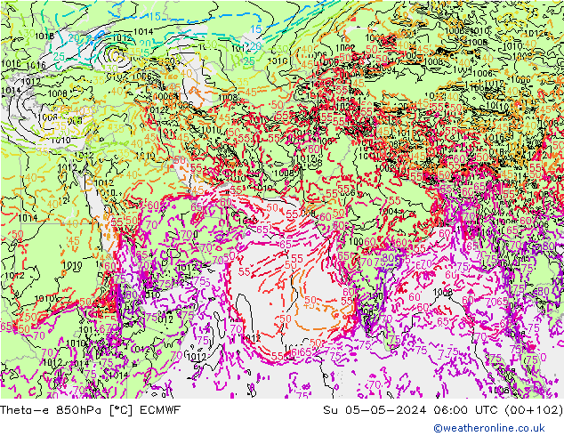 Theta-e 850hPa ECMWF nie. 05.05.2024 06 UTC