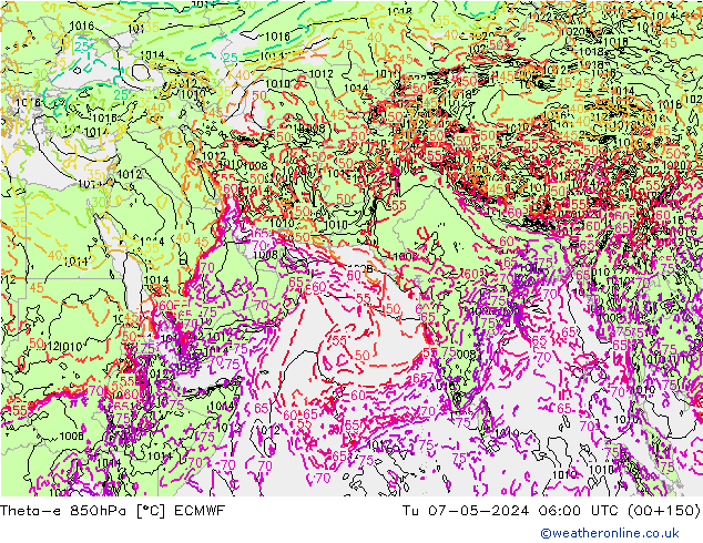 Theta-e 850hPa ECMWF Sa 07.05.2024 06 UTC