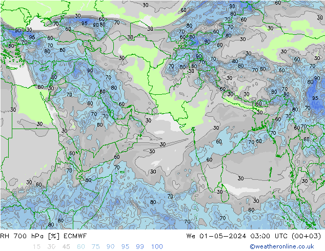 RH 700 hPa ECMWF We 01.05.2024 03 UTC