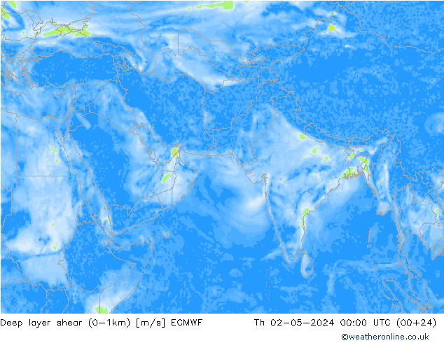 Deep layer shear (0-1km) ECMWF Th 02.05.2024 00 UTC