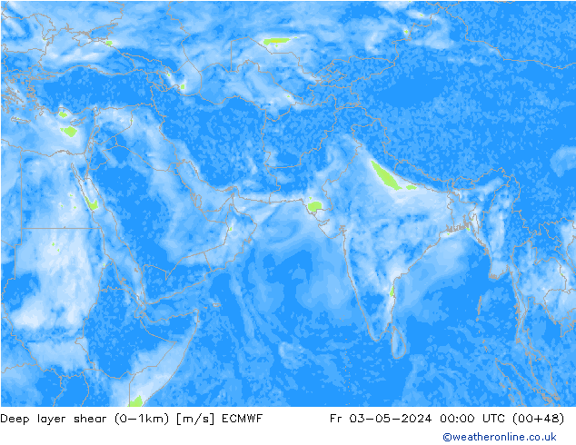 Deep layer shear (0-1km) ECMWF Cu 03.05.2024 00 UTC