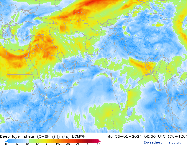 Deep layer shear (0-6km) ECMWF Mo 06.05.2024 00 UTC