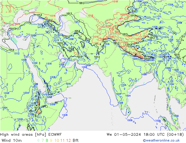yüksek rüzgarlı alanlar ECMWF Çar 01.05.2024 18 UTC