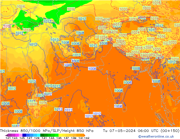 Thck 850-1000 hPa ECMWF Út 07.05.2024 06 UTC