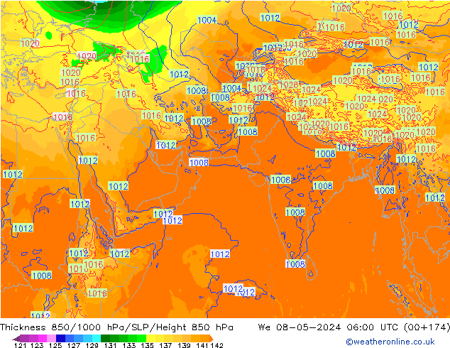 Dikte 850-1000 hPa ECMWF wo 08.05.2024 06 UTC