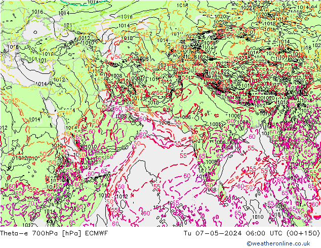 Theta-e 700hPa ECMWF Út 07.05.2024 06 UTC