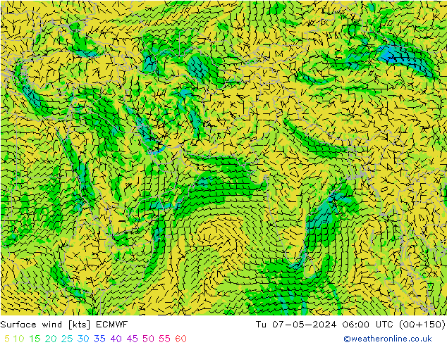 Surface wind ECMWF Út 07.05.2024 06 UTC