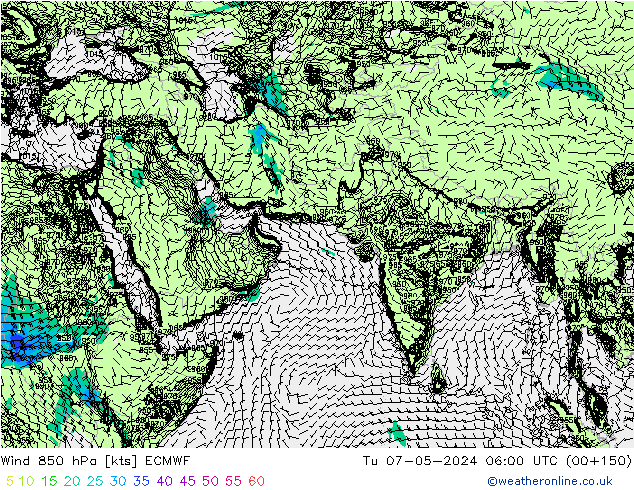 Rüzgar 850 hPa ECMWF Sa 07.05.2024 06 UTC