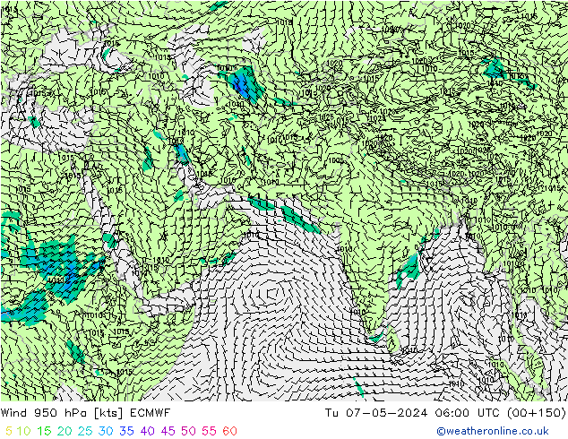 Wind 950 hPa ECMWF Út 07.05.2024 06 UTC