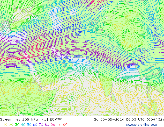 Linia prądu 200 hPa ECMWF nie. 05.05.2024 06 UTC