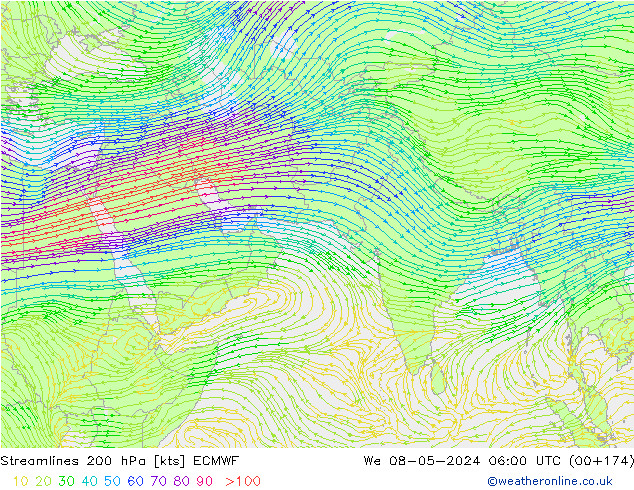 Stroomlijn 200 hPa ECMWF wo 08.05.2024 06 UTC