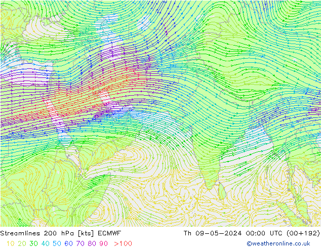 ветер 200 гПа ECMWF чт 09.05.2024 00 UTC