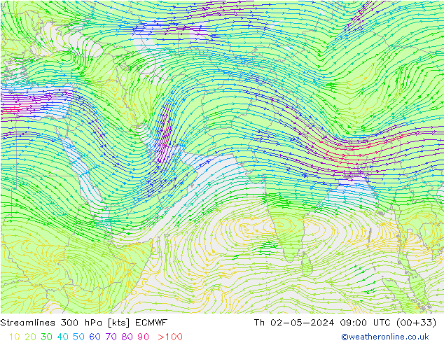 Streamlines 300 hPa ECMWF Th 02.05.2024 09 UTC