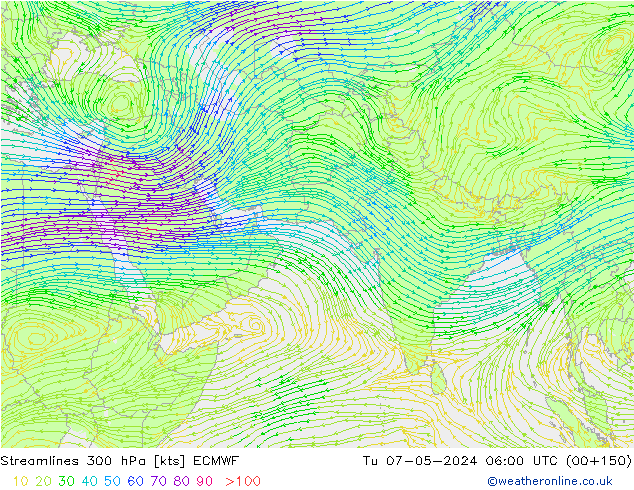 Streamlines 300 hPa ECMWF Út 07.05.2024 06 UTC