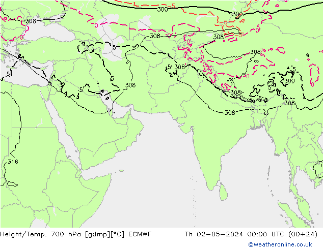 Height/Temp. 700 hPa ECMWF Th 02.05.2024 00 UTC