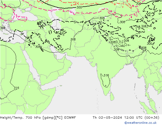 Height/Temp. 700 hPa ECMWF Th 02.05.2024 12 UTC