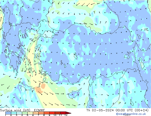 Surface wind (bft) ECMWF Th 02.05.2024 00 UTC