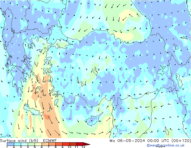 Surface wind (bft) ECMWF Mo 06.05.2024 00 UTC