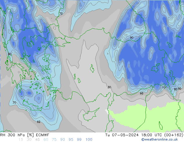 RH 300 hPa ECMWF wto. 07.05.2024 18 UTC