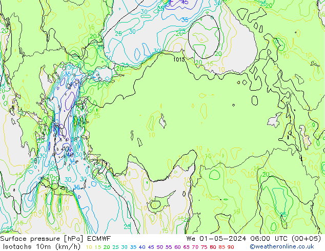 Isotachs (kph) ECMWF mer 01.05.2024 06 UTC