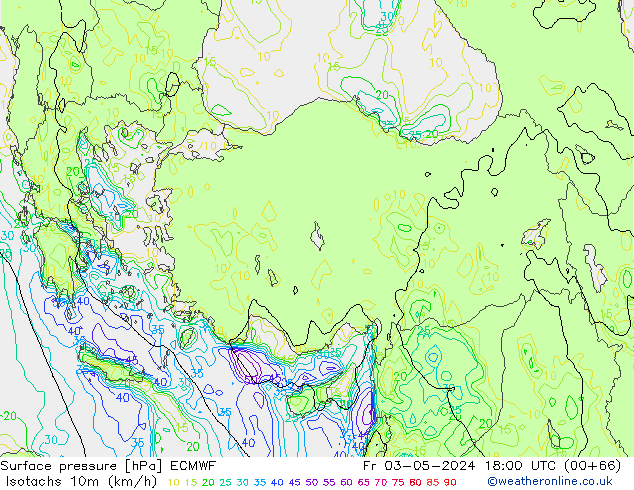 Isotachs (kph) ECMWF ven 03.05.2024 18 UTC