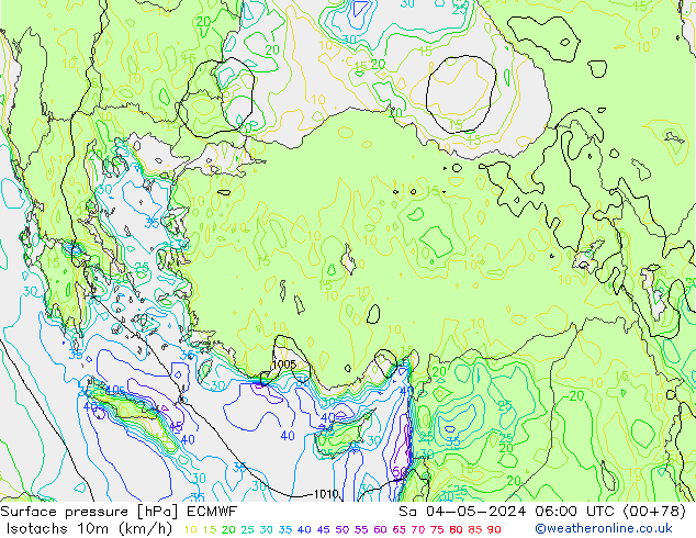 Isotachs (kph) ECMWF Sa 04.05.2024 06 UTC