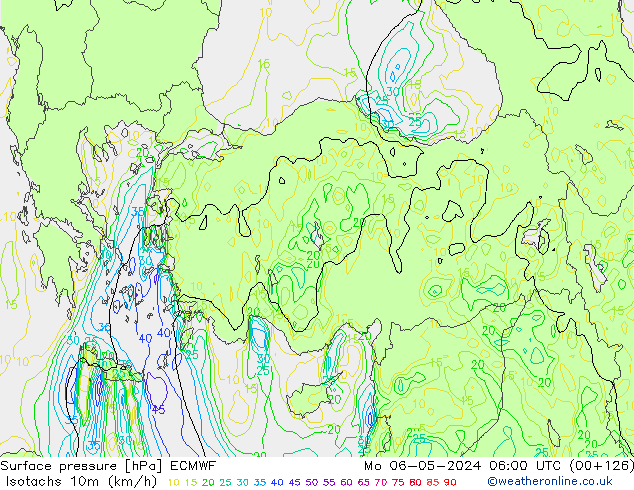 Isotachen (km/h) ECMWF ma 06.05.2024 06 UTC