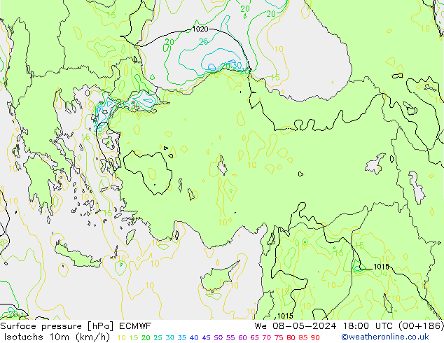 Isotachs (kph) ECMWF We 08.05.2024 18 UTC