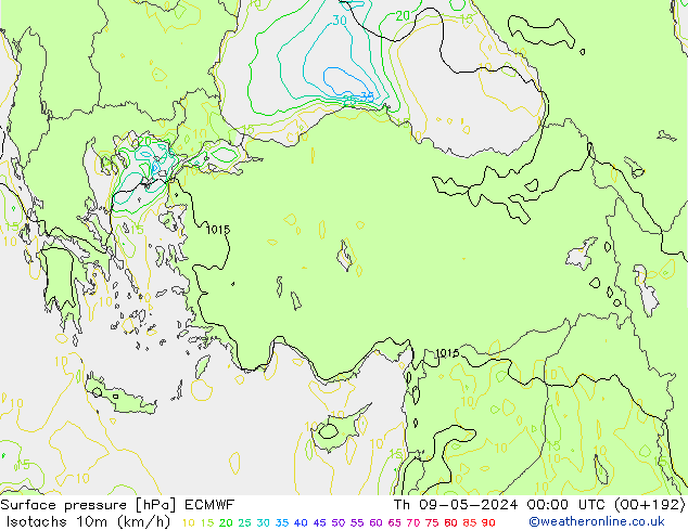 Isotachs (kph) ECMWF Th 09.05.2024 00 UTC