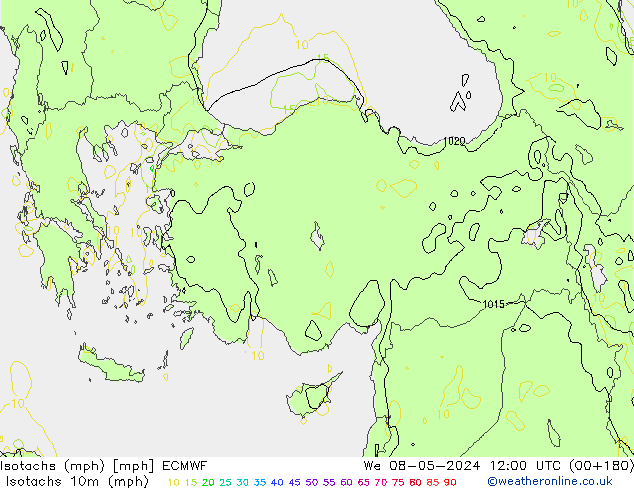 Isotachs (mph) ECMWF mer 08.05.2024 12 UTC