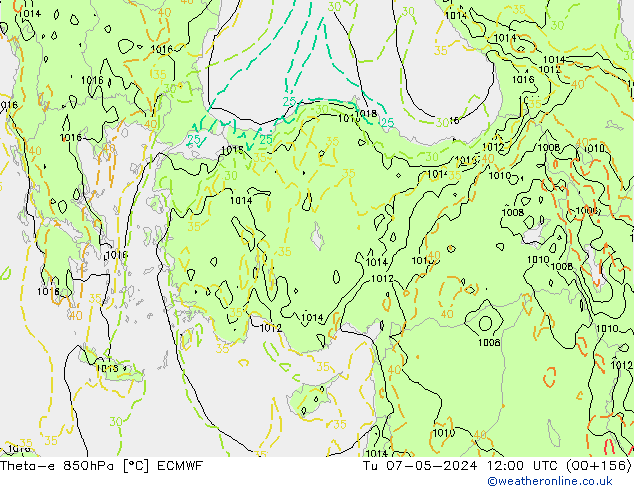 Theta-e 850hPa ECMWF Tu 07.05.2024 12 UTC